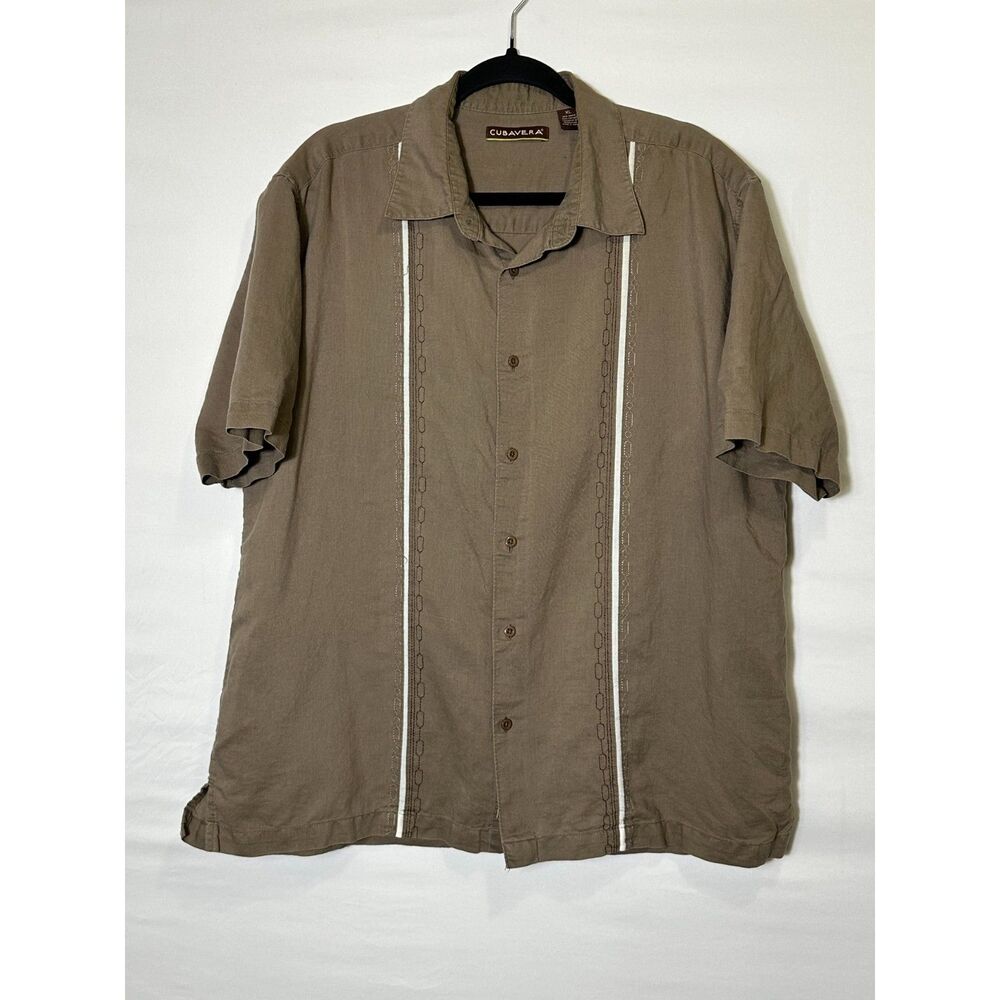 Cubavera Mens Brown Guayabera Short Sleeve Button Down Shirt Size XL Embroidered
